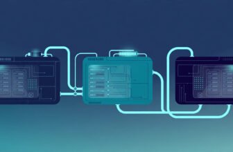 Editorial illustration of modular data-centre containers with server racks, linked by cooling and piping lines, forming an AI factory unit in deep navy and teal