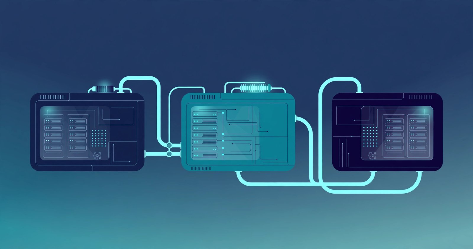 Editorial illustration of modular data-centre containers with server racks, linked by cooling and piping lines, forming an AI factory unit in deep navy and teal