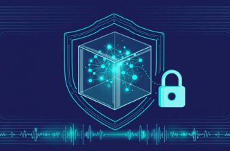 Illustration of a glowing agent node network inside a shielded glass sandbox cube with a padlock, navy and teal