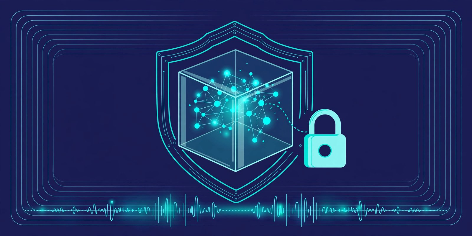 Illustration of a glowing agent node network inside a shielded glass sandbox cube with a padlock, navy and teal